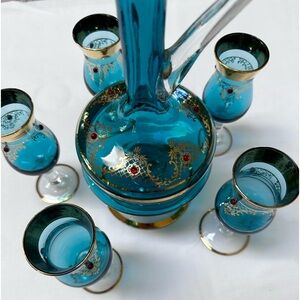 Vintage Murano Aqua blue 24K glass and decanter set with 4 cordial glasses.